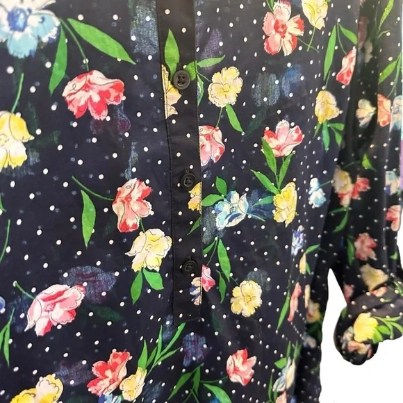 Talbots Navy Blue White Polka Dot Floral Six Button Blouse sz XLarge - Picture 2 of 8